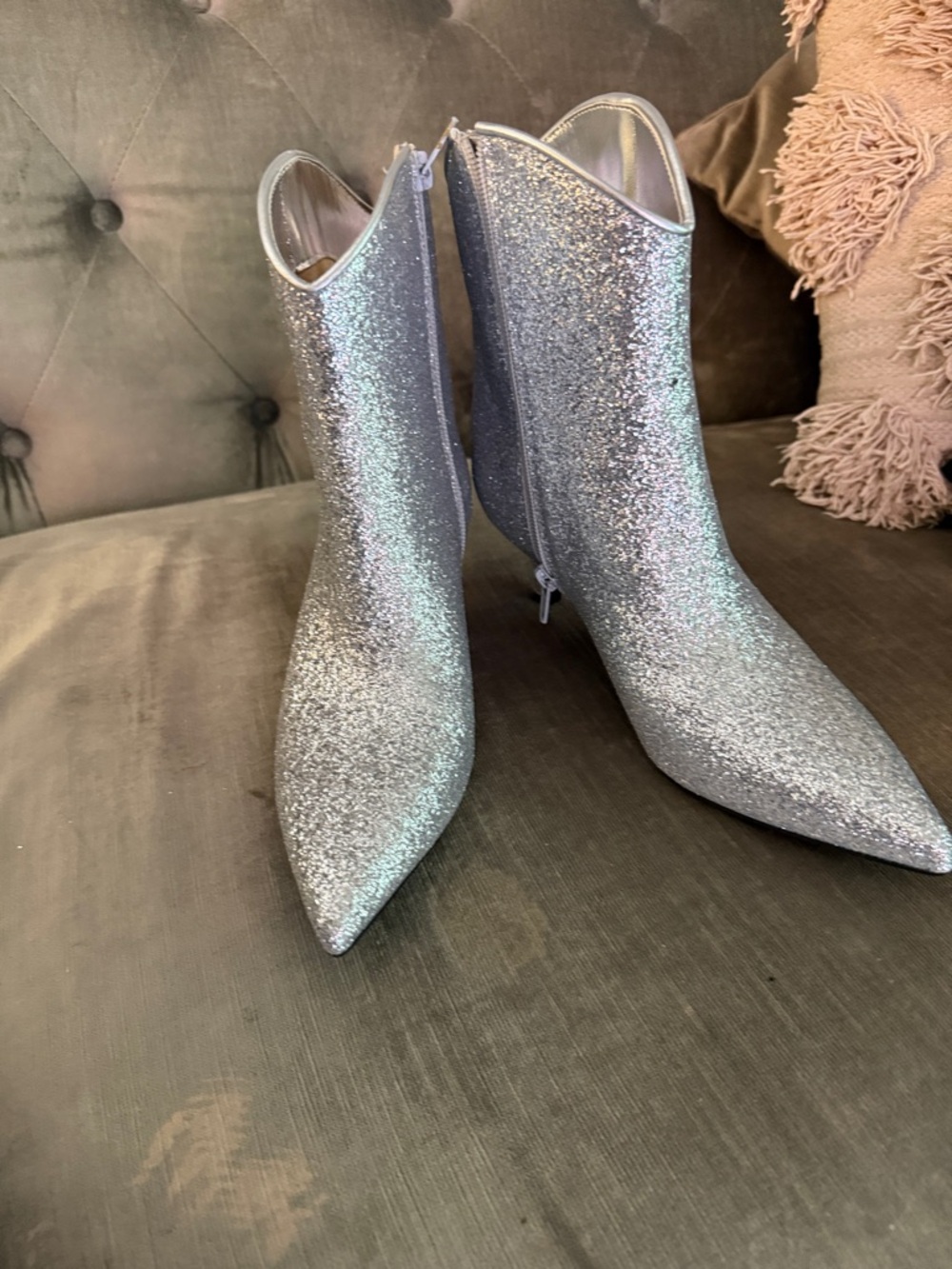 Silver Glitter Pointed-Toe Ankle Booties with Kitten Heel